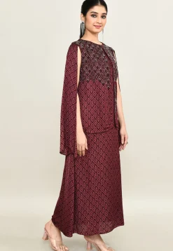 Digital Printed Pure Satin Midi Dress in Maroon