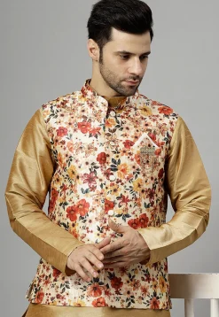 Digital Printed Raw Silk Nehru Jacket in Beige
