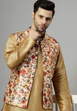Digital Printed Raw Silk Nehru Jacket in Beige