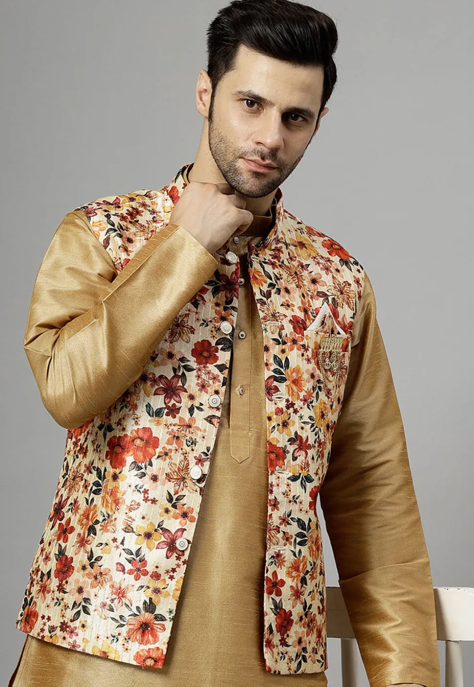Digital Printed Raw Silk Nehru Jacket in Beige