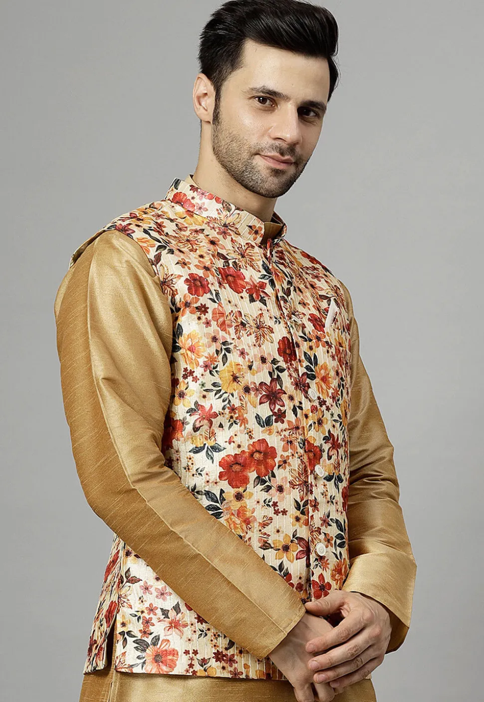 Digital Printed Raw Silk Nehru Jacket in Beige