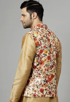 Digital Printed Raw Silk Nehru Jacket in Beige