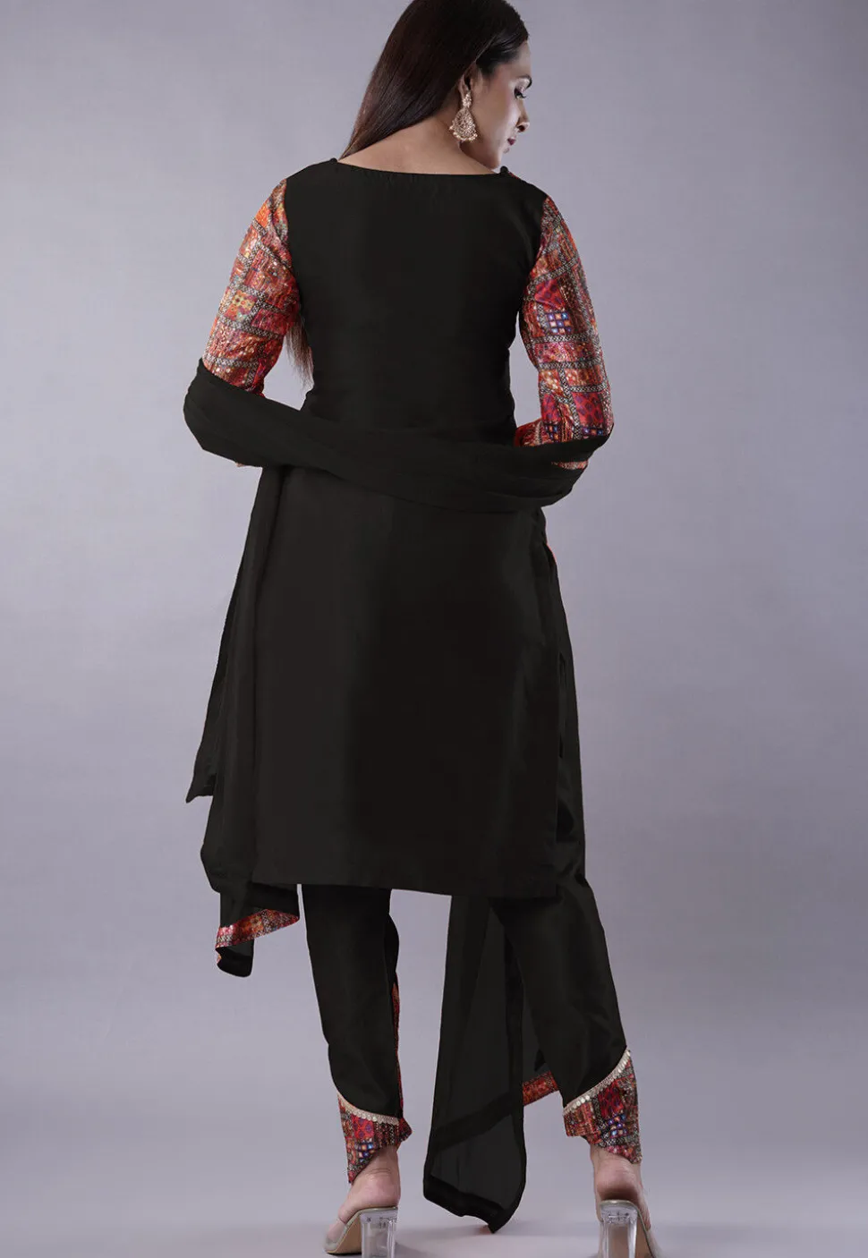 Digital Printed Raw Silk Punjabi Suit in Black and Multicolor