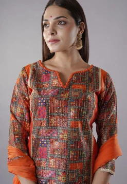 Digital Printed Raw Silk Punjabi Suit in Multicolor