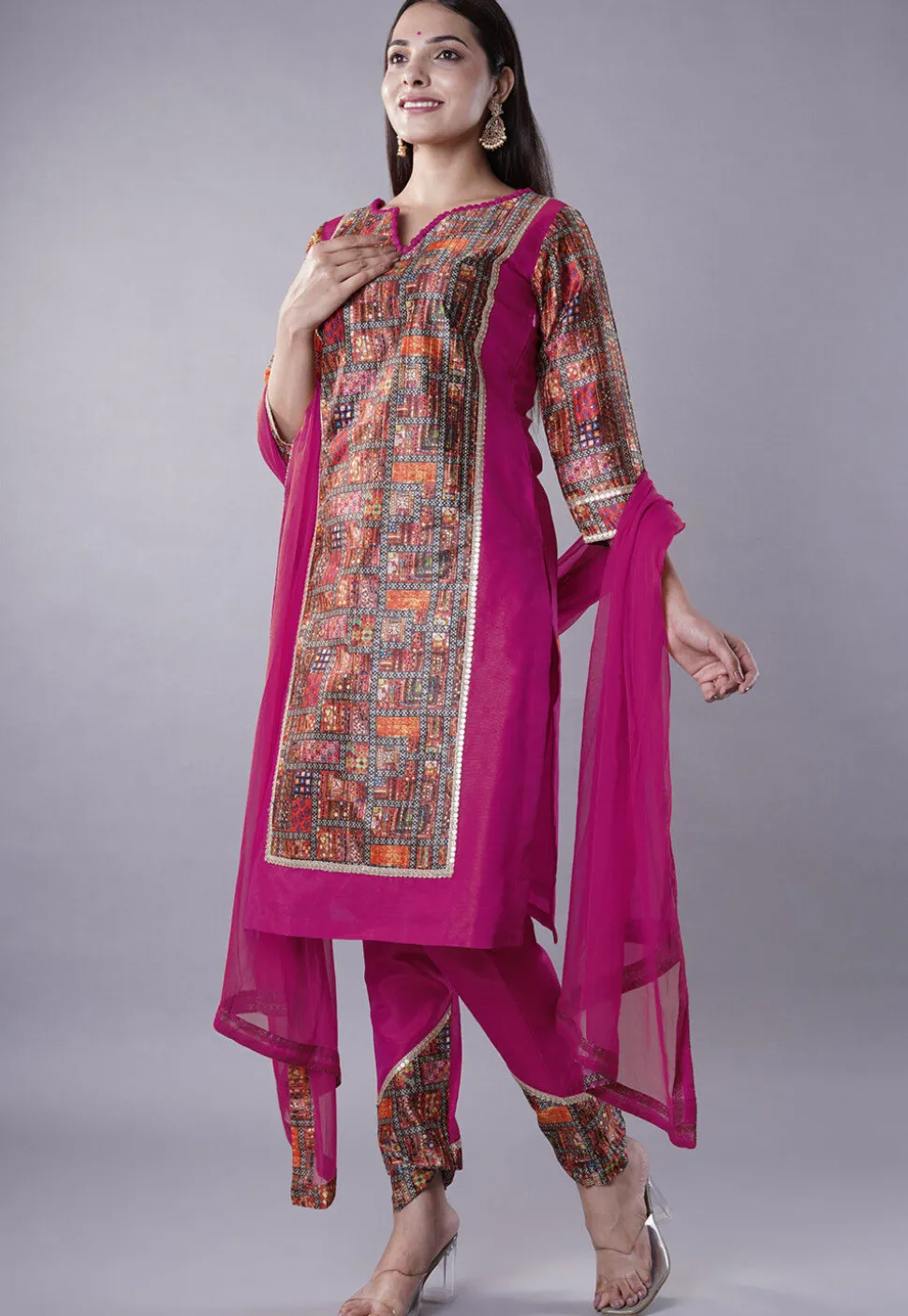 Digital Printed Raw Silk Punjabi Suit in Magenta and Multicolor