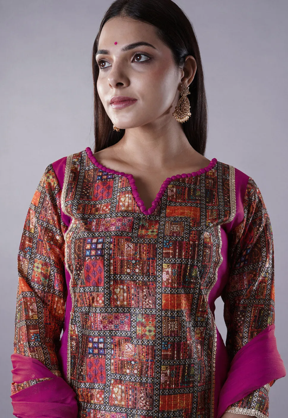 Digital Printed Raw Silk Punjabi Suit in Magenta and Multicolor