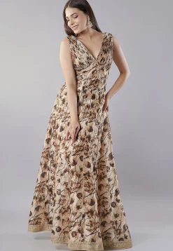 Digital Printed Raw Silk Gown in Beige