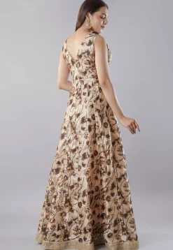 Digital Printed Raw Silk Gown in Beige