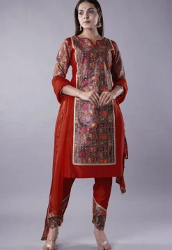 Digital Printed Raw Silk Punjabi Suit in Maroon and Multicolor