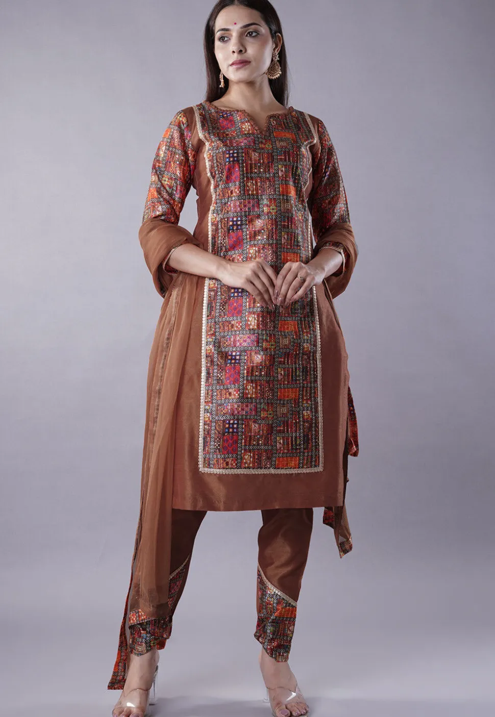 Digital Printed Raw Silk Punjabi Suit in Brown and Multicolor