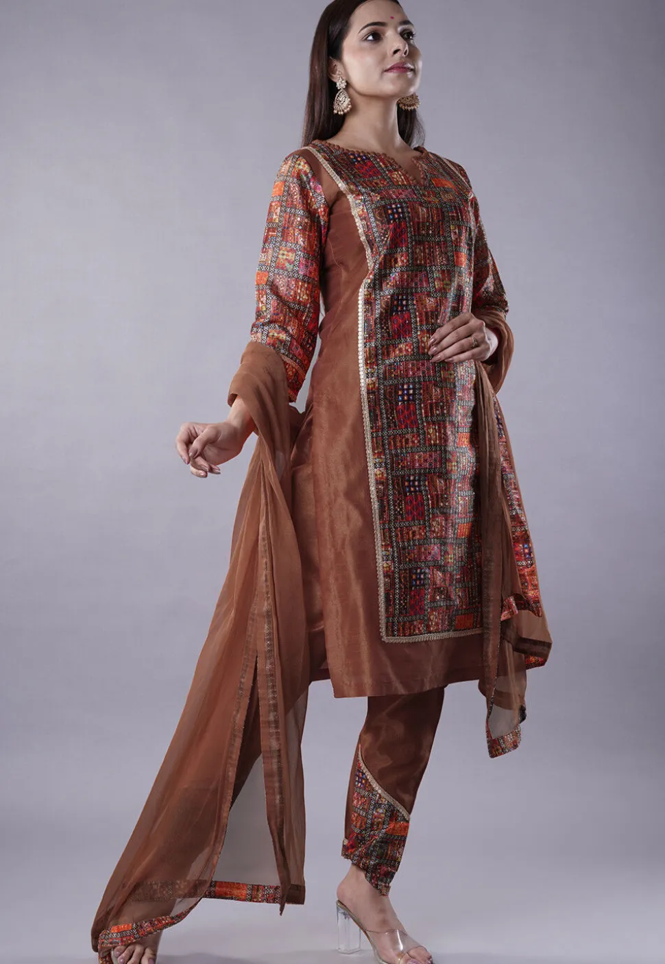 Digital Printed Raw Silk Punjabi Suit in Brown and Multicolor