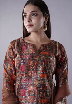 Digital Printed Raw Silk Punjabi Suit in Brown and Multicolor