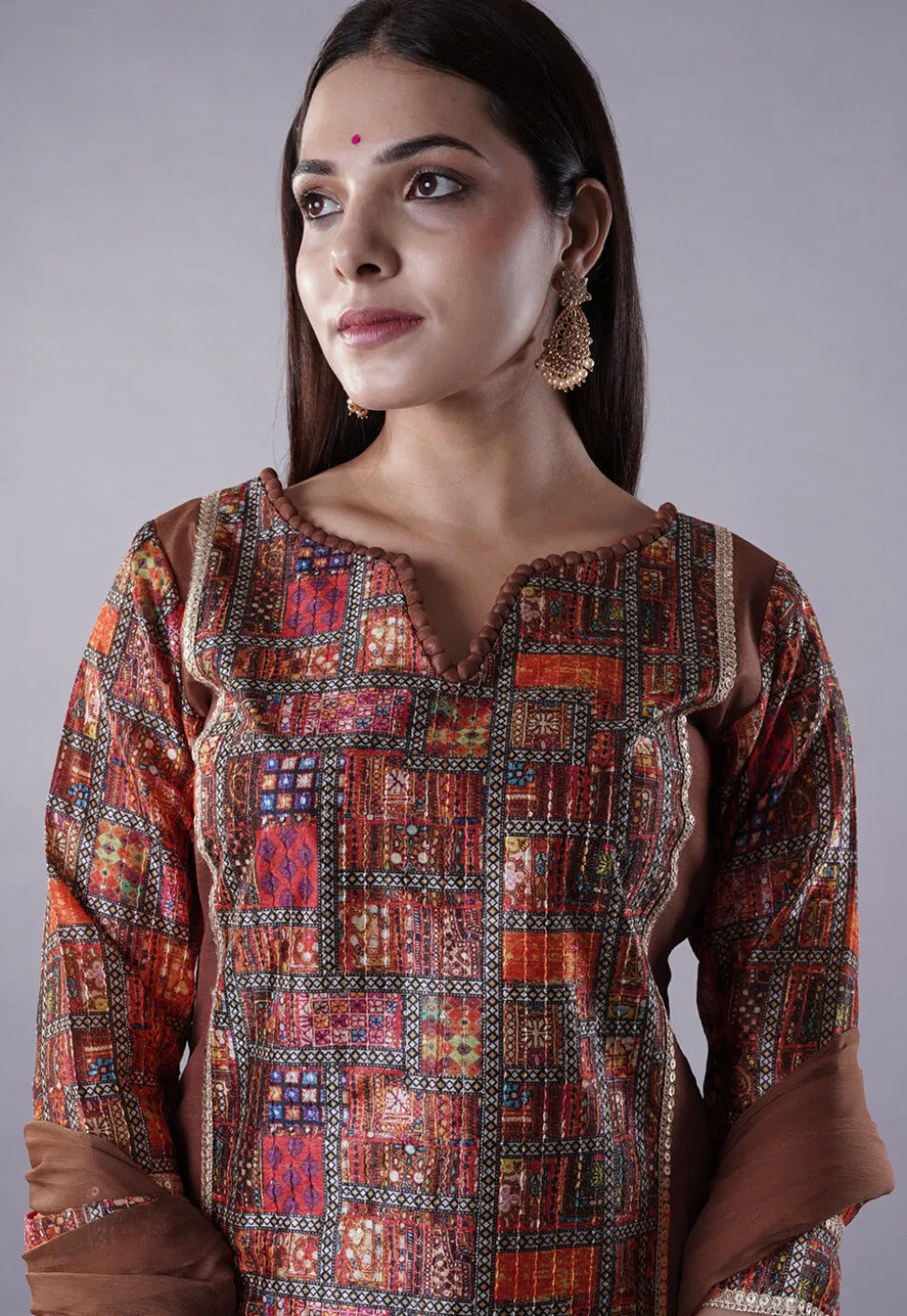 Digital Printed Raw Silk Punjabi Suit in Brown and Multicolor