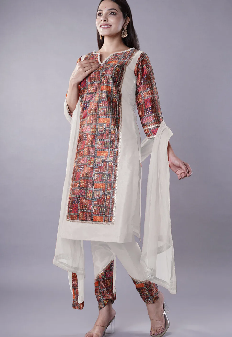 Digital Printed Raw Silk Punjabi Suit in White and Multicolor