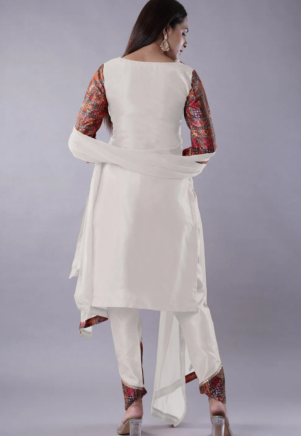 Digital Printed Raw Silk Punjabi Suit in White and Multicolor