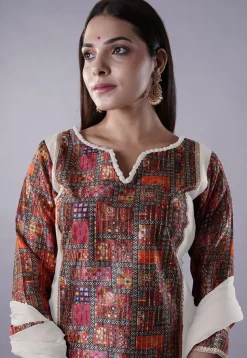 Digital Printed Raw Silk Punjabi Suit in White and Multicolor