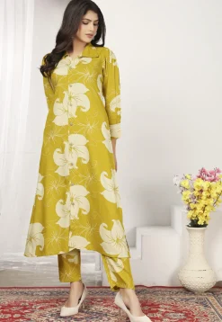 Digital Printed Rayon A Line Kurta Set in Yellow