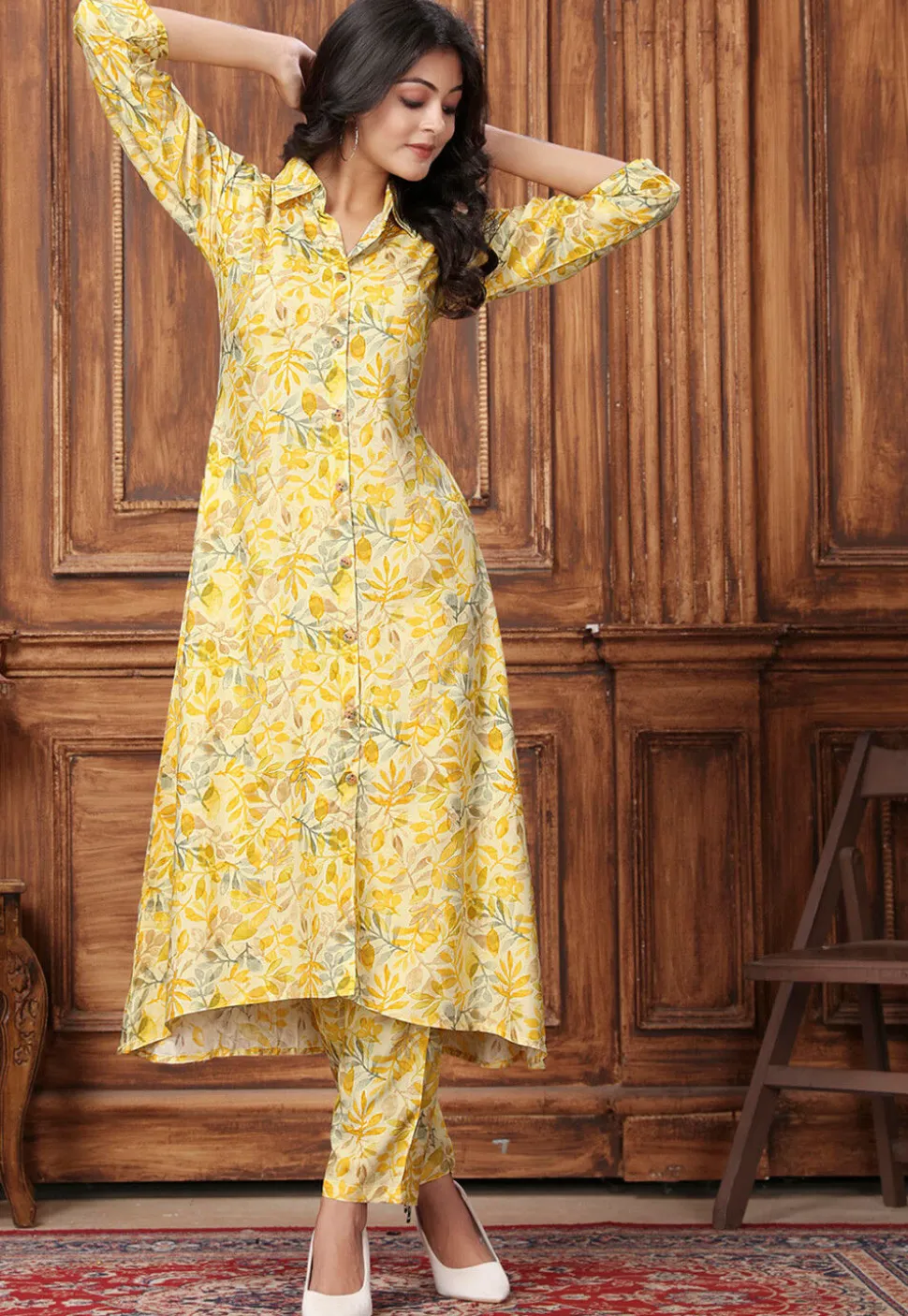 Digital Printed Rayon A Line Kurta Set in Yellow