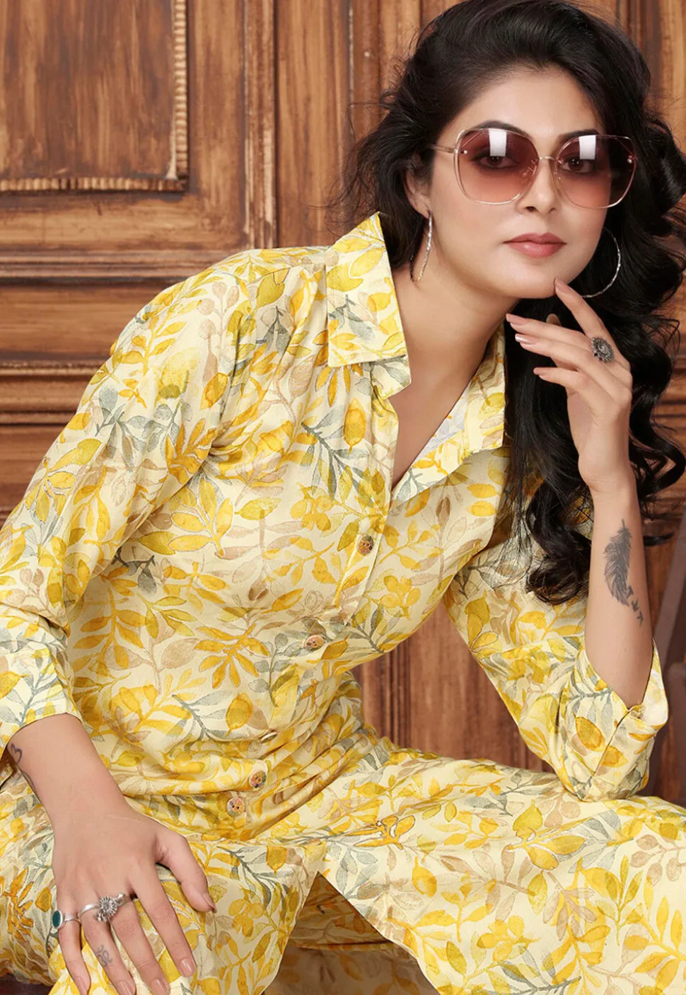 Digital Printed Rayon A Line Kurta Set in Yellow