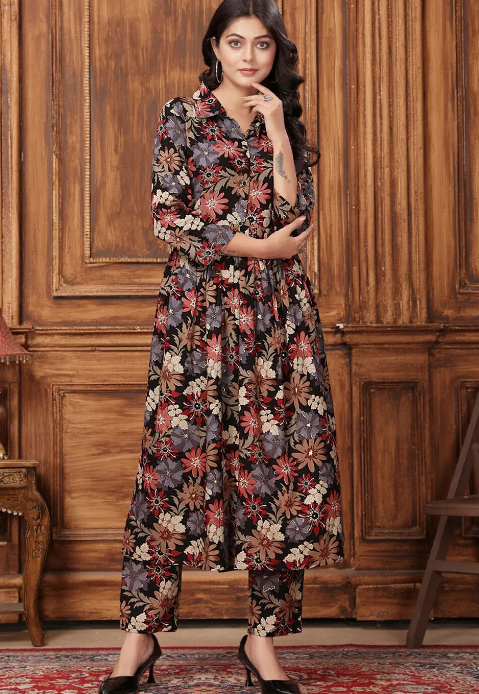 Digital Printed Rayon A Line Kurta Set in Black