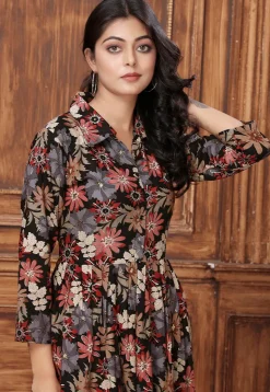 Digital Printed Rayon A Line Kurta Set in Black