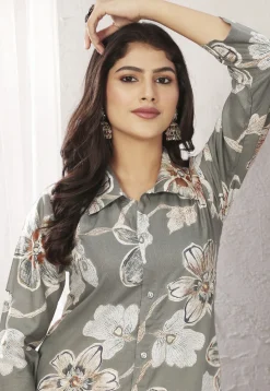 Digital Printed Rayon A Line Kurta Set in Grey