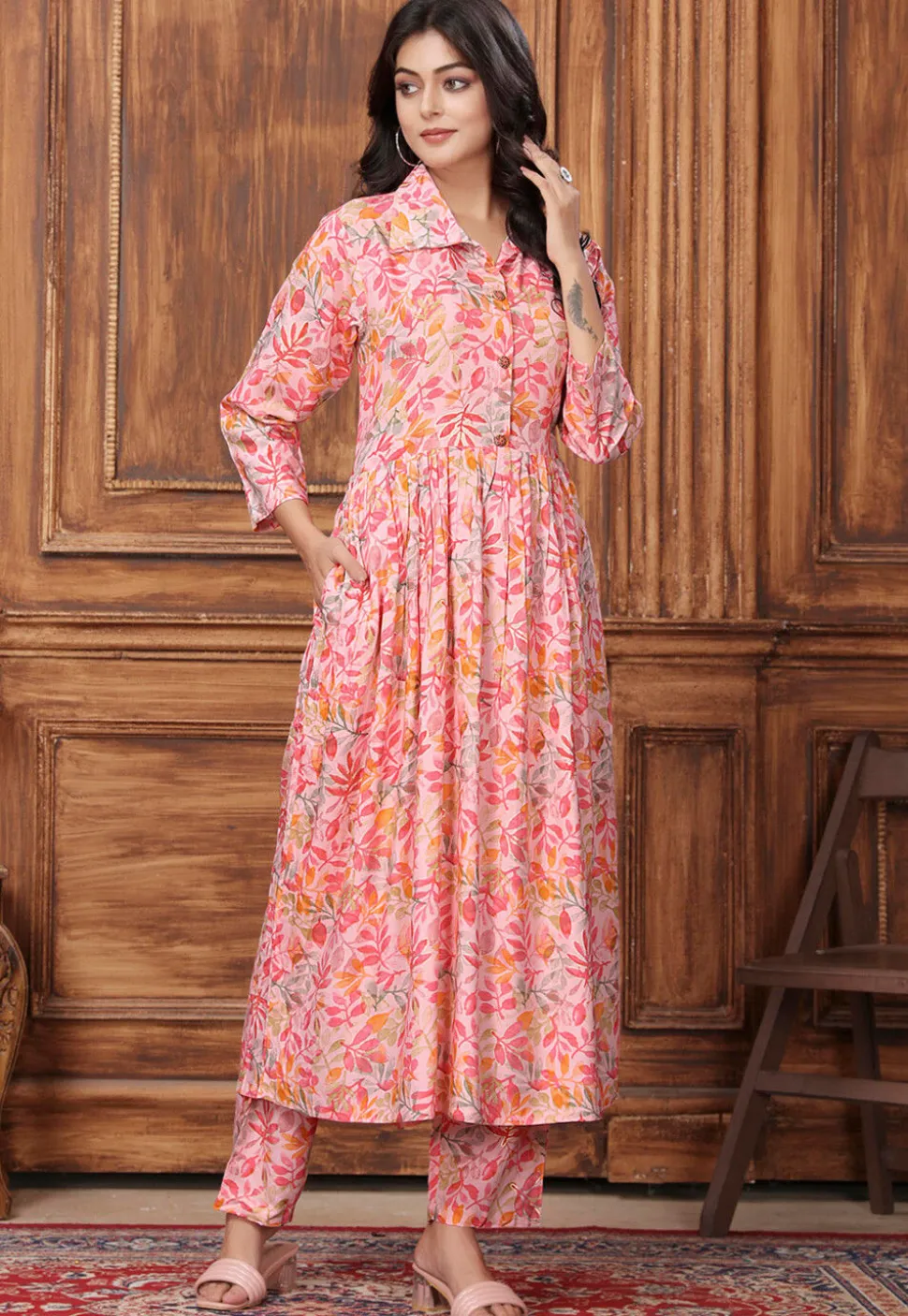 Digital Printed Rayon A Line Kurta Set in Peach