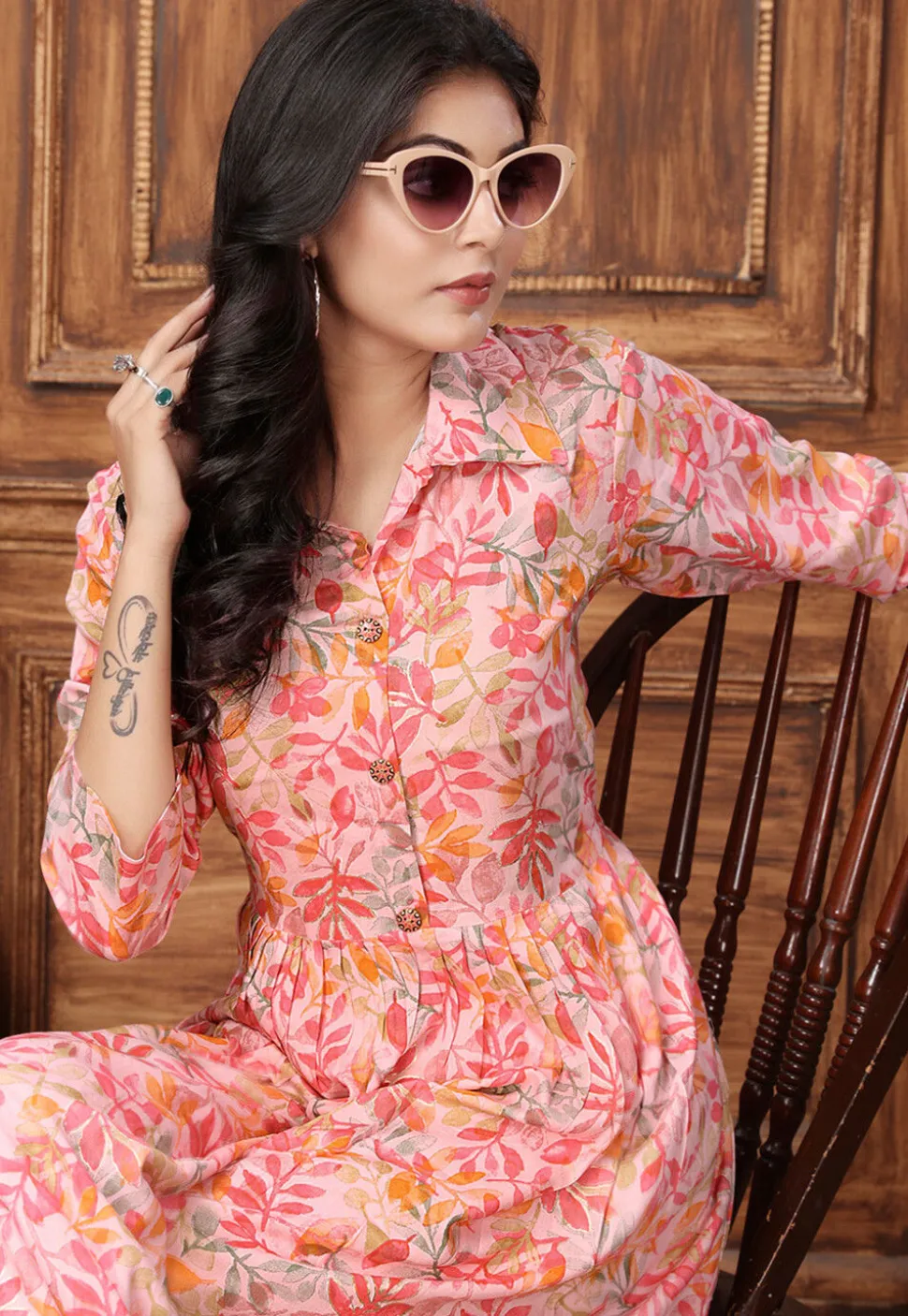 Digital Printed Rayon A Line Kurta Set in Peach