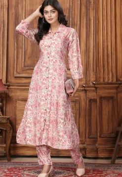 Digital Printed Rayon A Line Kurta Set in Cream and Pink