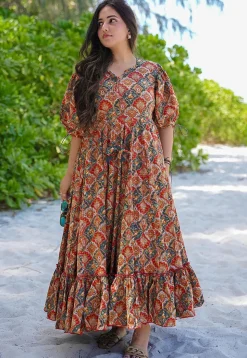 Digital Printed Rayon Aline Dress in Red and Green