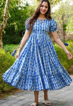 Digital Printed Rayon Aline Dress in Blue