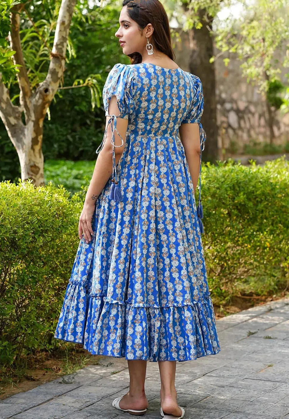Digital Printed Rayon Aline Dress in Blue