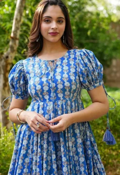 Digital Printed Rayon Aline Dress in Blue