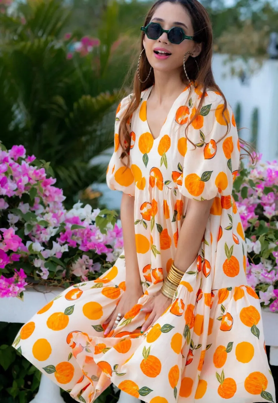 Digital Printed Rayon Aline Dress in Cream