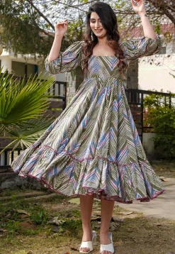 Digital Printed Rayon Aline Dress in Olive Green