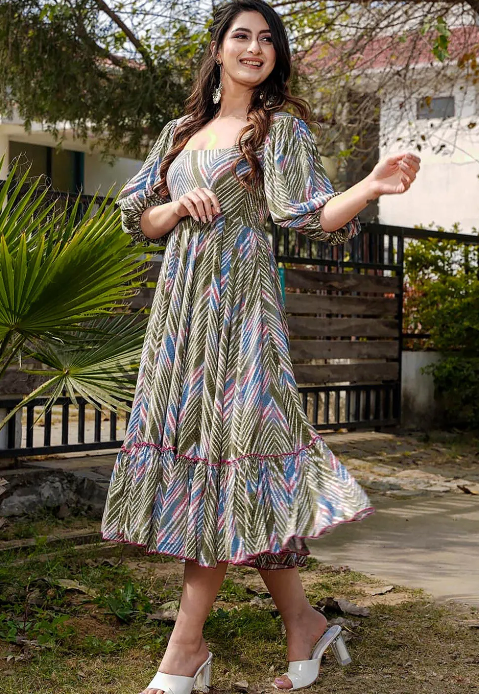 Digital Printed Rayon Aline Dress in Olive Green