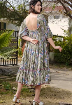Digital Printed Rayon Aline Dress in Olive Green