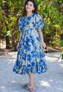 Digital Printed Rayon Aline Dress in Cream and Blue
