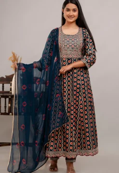 Digital Printed Rayon Anarkali Suit in Teal Blue
