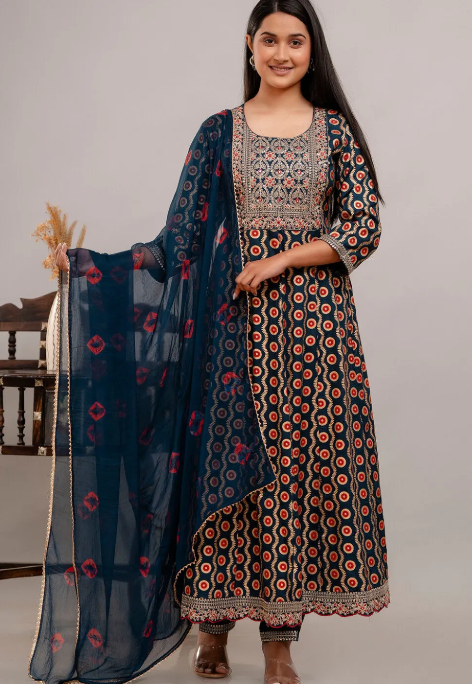 Digital Printed Rayon Anarkali Suit in Teal Blue