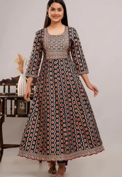 Digital Printed Rayon Anarkali Suit in Teal Blue