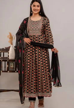Digital Printed Rayon Anarkali Suit in Black
