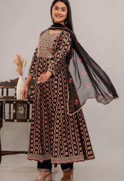 Digital Printed Rayon Anarkali Suit in Black