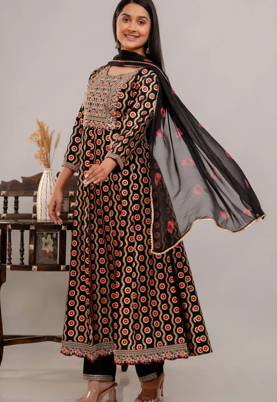 Digital Printed Rayon Anarkali Suit in Black