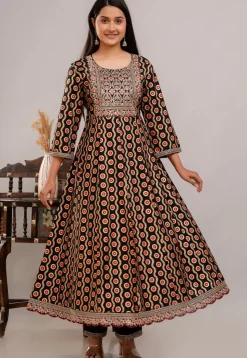 Digital Printed Rayon Anarkali Suit in Black