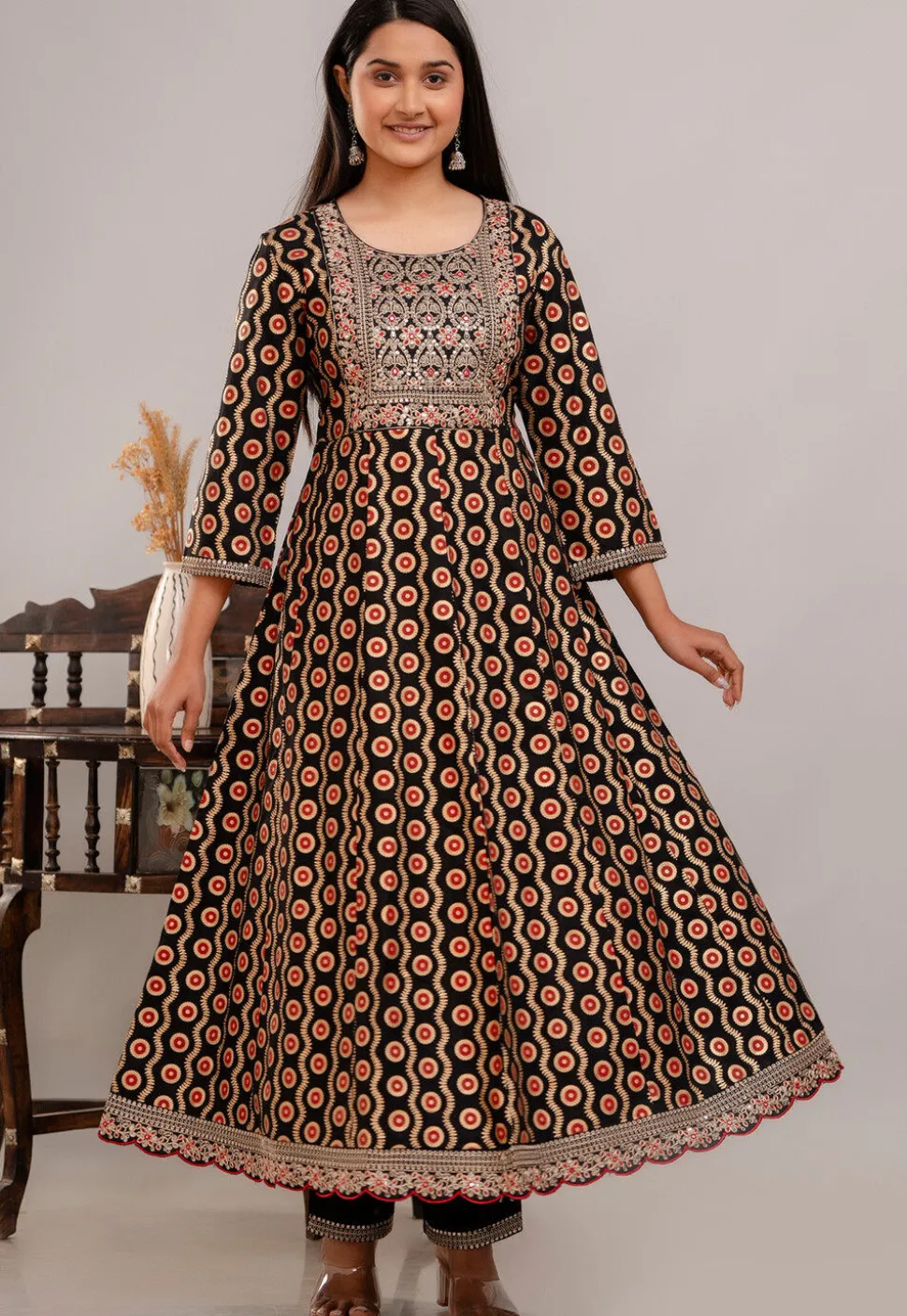 Digital Printed Rayon Anarkali Suit in Black