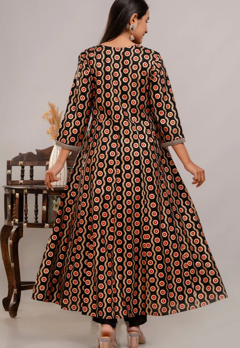Digital Printed Rayon Anarkali Suit in Black