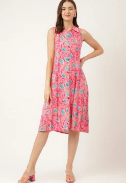Digital Printed Rayon Button Down Dress in Pink