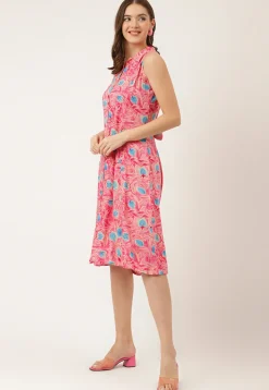 Digital Printed Rayon Button Down Dress in Pink