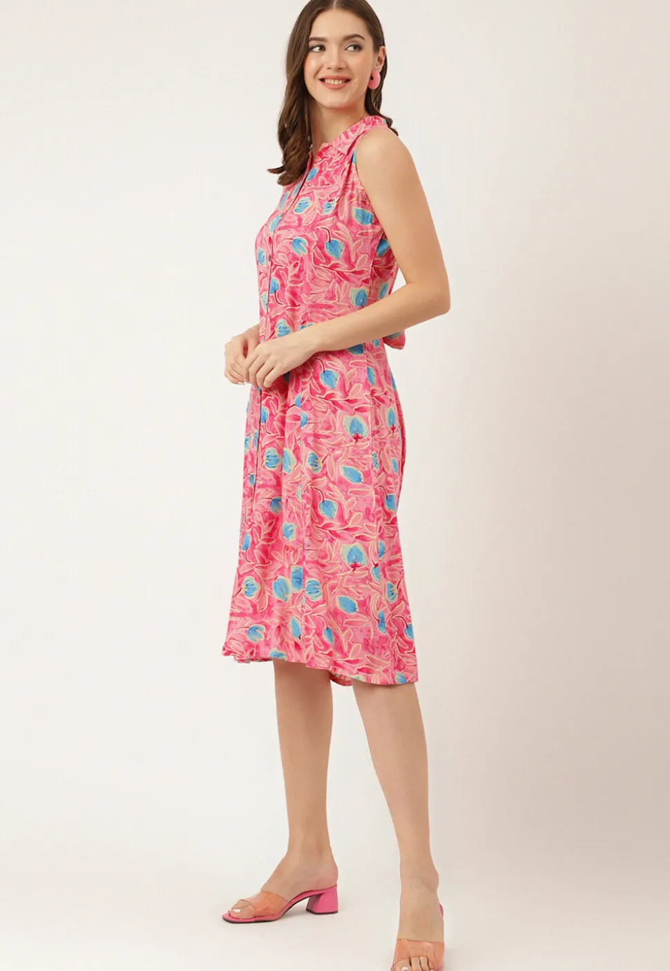 Digital Printed Rayon Button Down Dress in Pink